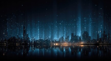 Fototapeta premium Futuristic city skyline at night, reflected in calm water, illuminated by bright lights and particles