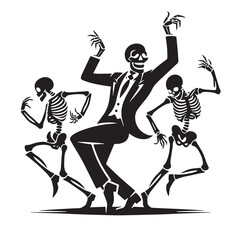 black Skeleton dancing Silhouette Vector, High Quality Illustration on White Background