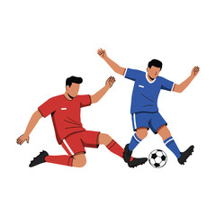 Two soccer players in dynamic action during a competitive match. A defender executes a sliding tackle to win the ball.