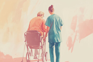 Hhealthcare worker helping a patient with a mobility aid