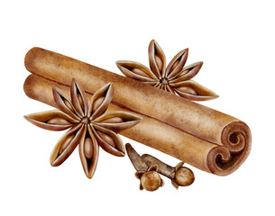 Watercolor hand-drawn illustration of cinnamon sticks, star anise and clove on white background. Suitable for packaging, labels, recipe cards, kitchen decor, tea or spice design.