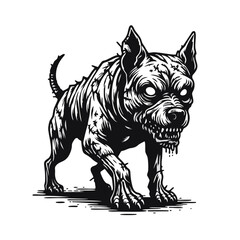 A menacing, undead dog with glowing eyes and visible stitches stands alert, depicted in a detailed black and white illustration.