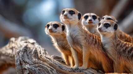 Fototapeta premium Curious meerkats on a branch, observing the world with keen eyes.