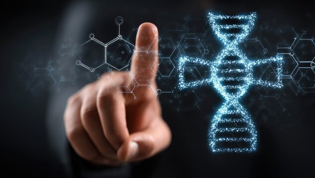 A person's finger points at a glowing DNA strand graphic overlaid with scientific diagrams