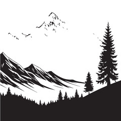black Snowy Mountains Silhouette Vector, High Quality Illustration on White Background