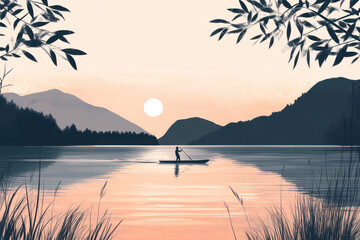 Peaceful river scene with a person sitting on a boat, enjoying the surroundings, using soft, serene colors