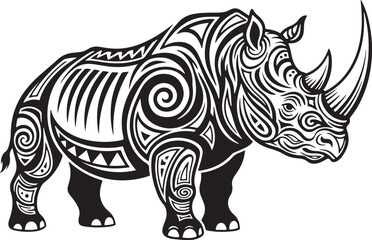 A vector features a Rhino with a tribal pattern on its body, isolated on a white background..