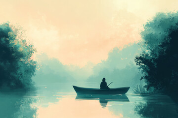 Peaceful river scene with a person sitting on a boat, enjoying the surroundings, using soft, serene colors