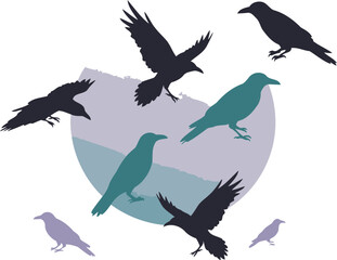 Silhouette of crows in flight and perched, against a muted color background. Abstract design with varied poses of birds.