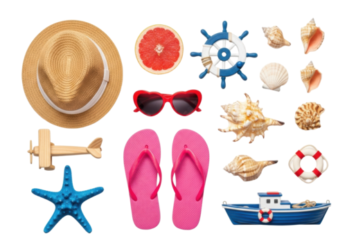 A light brown straw hat, grapefruit slice, blue ship's wheel, seashells, red heart sunglasses, pink flip-flops, toy plane, blue toy boat, blue starfish, neatly arranged on a transparent background