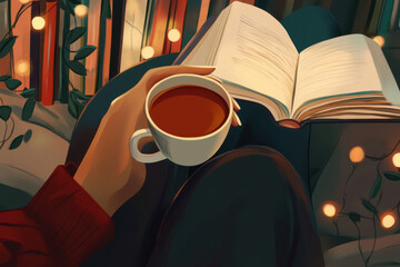 Person holding a cup of tea in a cozy nook, surrounded by books and soft lighting, with clean lines.
