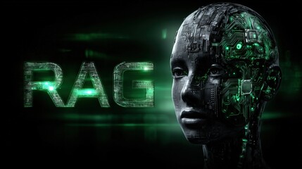 Obraz premium A robotic hand interacts with a glowing brain representation, showcasing the fusion of artificial intelligence. RAG (Retrieval Augmented Generation). LLM (Large Language Model)