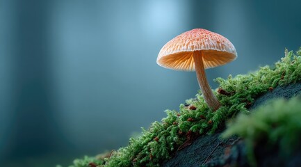 Solitary mushroom on mossy log, soft-focus background