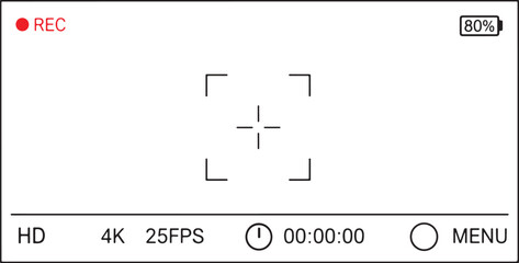 Vector art of camcorder viewfinder interface with recording indicator, battery level, and menu isolated on white background for video recording concept isolated on white background