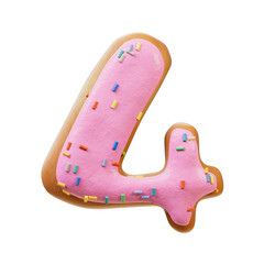 Rose Glazed Donut font alphabet number 4 with tasty decoration on top of cream. Supports PNG files with transparent backgrounds.