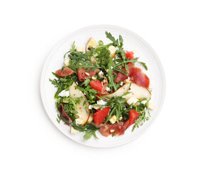 Tasty salad with arugula, prosciutto, cheese, pear, grapefruit and nuts isolated on white, top view