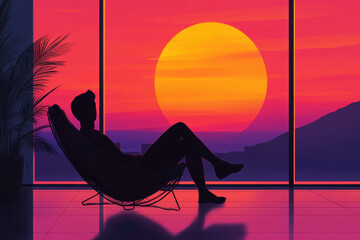 Person sitting in a modern lounge chair, watching the sunset, with clean lines and soft gradients.