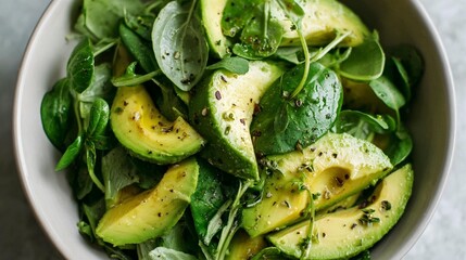 Overhead salad with avocado and spinach in a white bowl