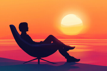 Person sitting in a modern lounge chair, watching the sunset, with clean lines and soft gradients.