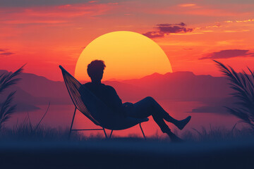 Person sitting in a modern lounge chair, watching the sunset, with clean lines and soft gradients.