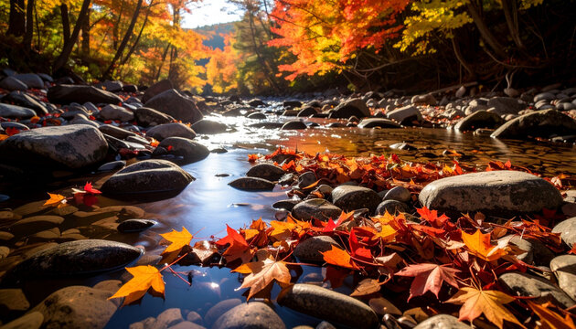 Shallow river with colorful leaves in autumn