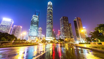 Fototapeta premium Vibrant neon-lit cityscape at dusk, glowing skyscrapers reflect on a sleek wet street, captured in crisp detail, futuristic urban wallpaper,