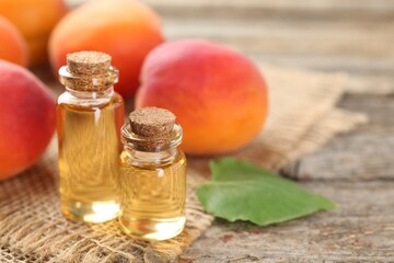 Aromatic essential oil in bottles and ripe apricots on wooden table, closeup