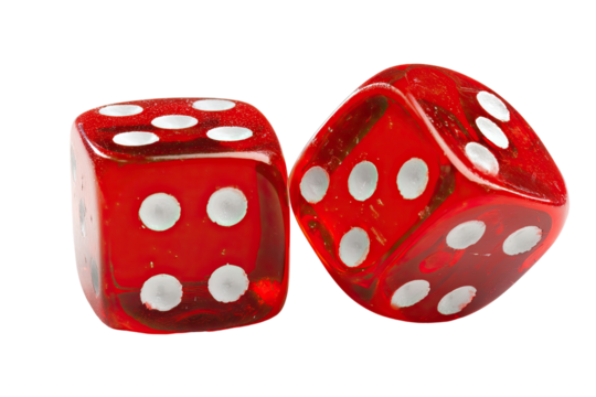 Two red dice, close-up, showing dots