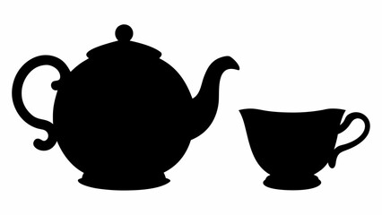Silhouette of a teapot with a rounded body and a teacup with a handle on a white background design