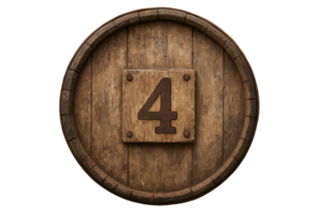 Rustic Wooden Barrel End with Embossed Number Four, Evoking Age and Tradition