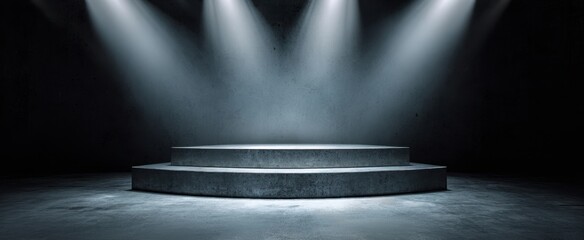 The impressive empty stage illuminated by dramatic spotlights ready for performance.