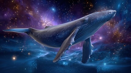 Fototapeta premium A whale gracefully explores the vast expanse of a stunning star-filled galaxy, a true cosmic wonder.