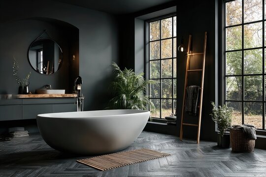 Dark, modern bathroom with large windows