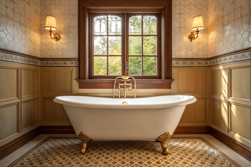  Elegant Vintage Bathroom with Clawfoot Tub &ndash; Classic Wood Panel Design & Natural Light"