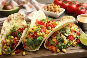 Tasty vegetarian tacos with chickpeas, corn and quinoa served on wooden table, closeup