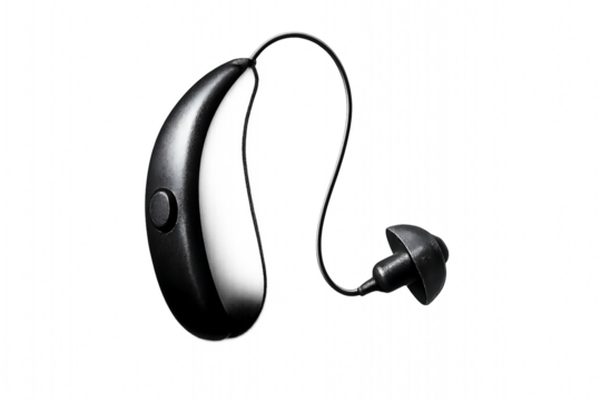 Black behind the ear hearing aid with ergonomic design, visible button, and clear tubing, highlighted against a dark backdrop for a sophisticated look