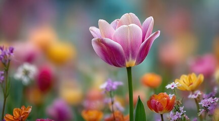 Obraz premium Single pink tulip in focus, surrounded by blurred colorful flowers