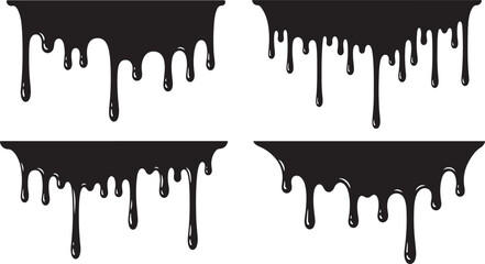 Vector art of four black paint drips, isolated on white background, creating an abstract and artistic design with flowing liquid and dripping effects isolated on white background