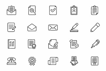 A clean line art collection representing legal paperwork essentials—great for law offices, legal tech apps, and official communication materials.