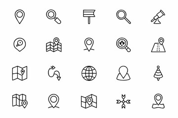 Fototapeta premium A clean one-line vector set of geolocation symbols to power up interfaces, journey maps, logistics visuals, and outdoor navigation products.