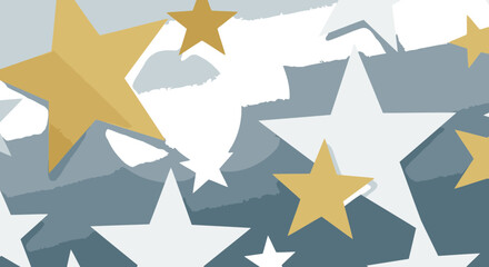 Obraz premium Abstract graphic design of overlapping gold and white stars on a muted gray background. Abstract pattern with bokeh effect. Modern and contemporary design -