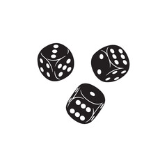 Vector art of three black dice with white dots, isolated on white background, representing chance, luck, and games of probability in a simple design isolated on white background