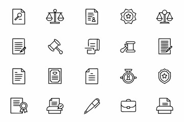 A professional bundle featuring law-themed paperwork and document icons in sleek single-line style. Perfect for legal firms, contracts, and digital law templates