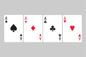 Vector art of four aces playing cards with spade, diamond, club and heart suits on a gray background isolated playing card game vector illustration isolated on white background