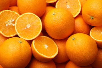 Fresh cut and whole oranges as background, top view