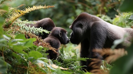 A tender moment: mother gorilla shares a touching moment with her baby in the forest.