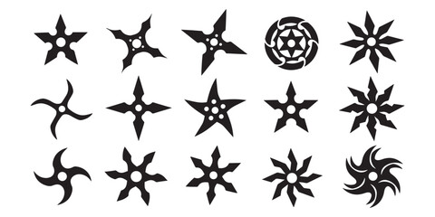 Vector art of collection of shuriken throwing stars, a japanese ninja weapon isolated on white background, vector illustration of martial art equipment isolated on white background