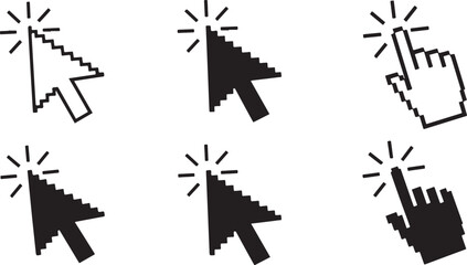 Vector art of set of click cursor icons, arrow and hand pointers isolated on white background, vector illustration of computer interface elements isolated on white background
