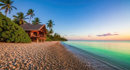 Obraz premium 3d icon of tropical beach house on a beautiful island with palm trees at sunset transparent background