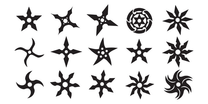 Vector art of collection of shuriken throwing stars, a japanese ninja weapon isolated on white background, vector illustration of martial art equipment isolated on white background